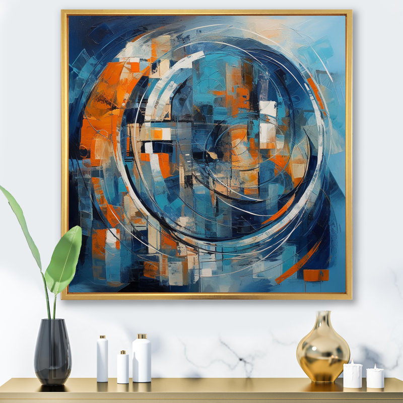 Troulloi, équilibre géométrique orange et bleu I, reproduction sur toile, H 24 po x l 24 po x P 1 po, Cadre flottant doré