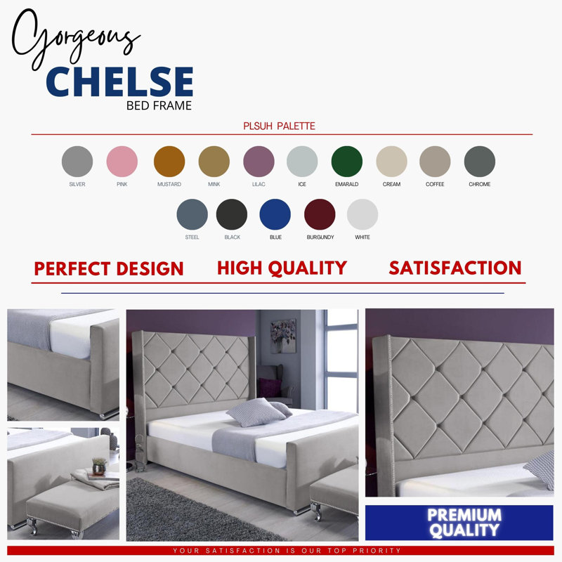 Descanso Chesterfield Velvet Upholstered Bed Frame - Buttoned Headboard, Chrome Feet, Silver, Double (4'6)