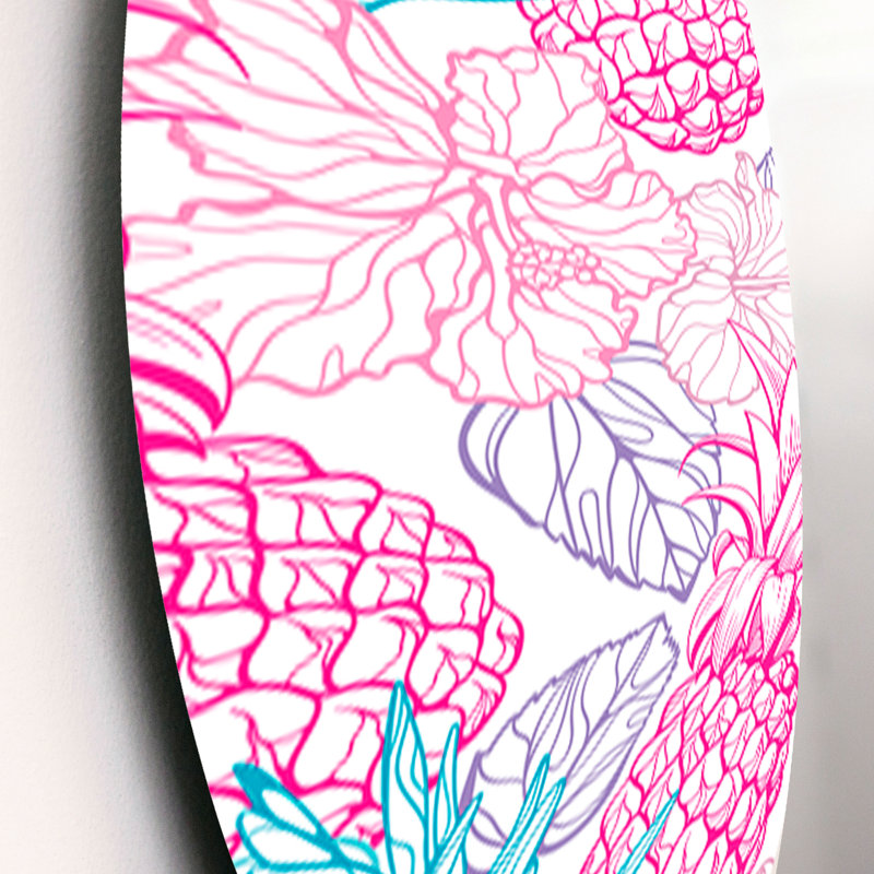 Motif coloré avec fleurs tropicales et ananas - ensemble de décoration murale moderne en métal