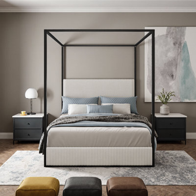 Queen Size Luxury Metal Canopy Bed with Tall Plush Corduroy Headboard & Frame Support - No Box Spring Needed, White