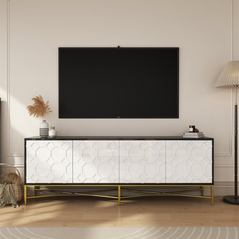 Meuble télé noir et blanc à quatre portes, rangement pour le salon, support à 4 armoires robustes et performantes avec fonction de présentation spacieuse, construction, repose-pieds réglables, facile à installer