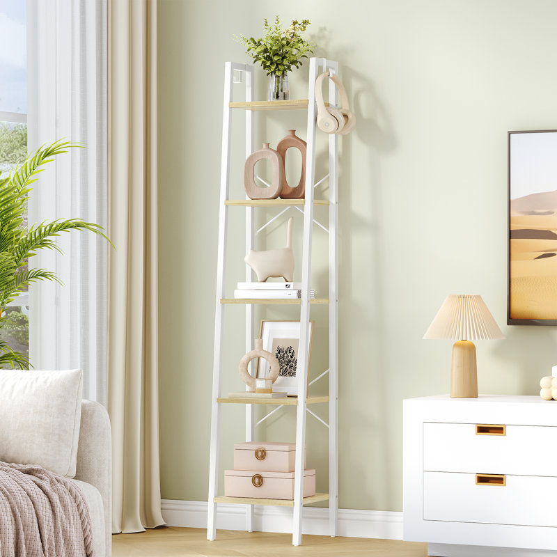 Ladder Shelf, Bookshelf Bookcase, Freestanding Corner Storage Shelve with 2 Hooks for Home Office, Living Room, Kitchen, Bedroom, Industrial