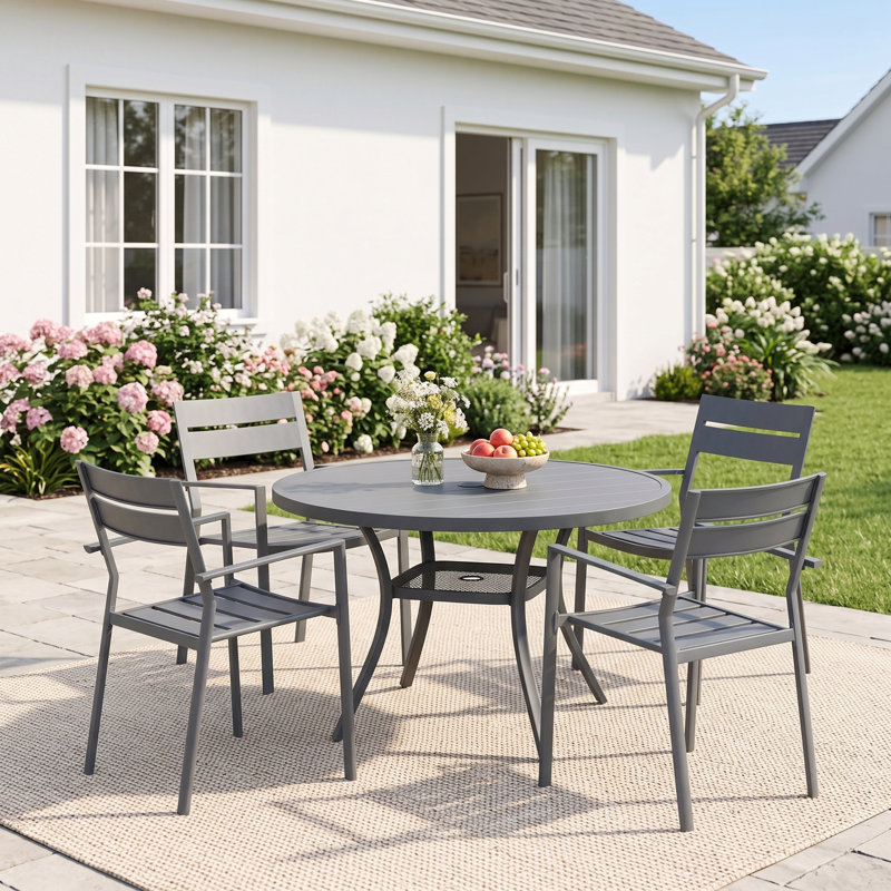 Ensemble de salle à manger d'extérieur rond pour 4 personnes avec chaises empilables, Black, Black