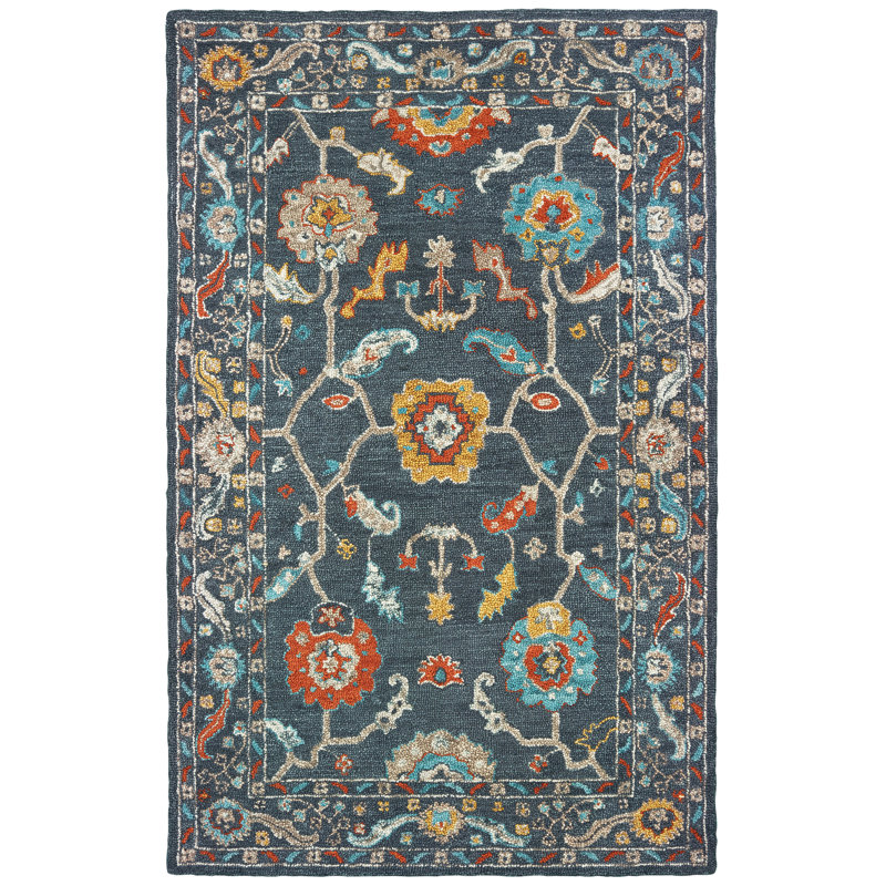Tapis bleu / doré en laine touffeté à la main Imogène, Rectangle 8 pi x 10 pi