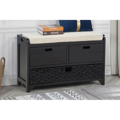 Banc de rangement avec panier amovible et 2 tiroirs, banc à chaussures entièrement assemblé avec coussin amovible, espresso