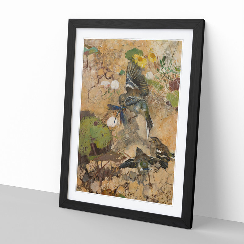 Birds and Dragonflies by Bruno Liljefors - Picture Frame Graphic Art, 90cm H x 65cm W x 2cm D, Black