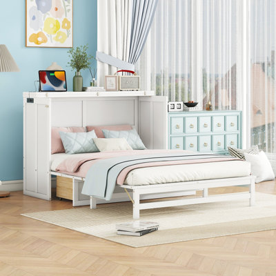 Armoire lit escamotable Murphy avec tiroir de rangement et station de charge, port USB, cadre de lit escamotable en pin massif pour bureau à domicile, studio ou chambre d'amis, blanc