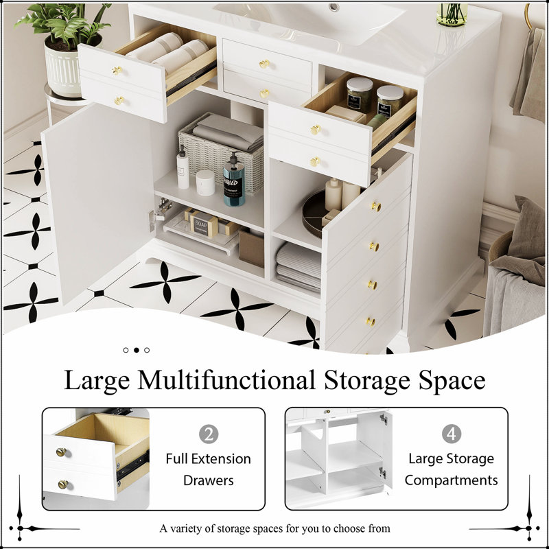 Meuble-lavabo de 36 po avec lavabo en céramique, structure en bois massif, armoire de rangement autoportante avec 2 tiroirs et portes à fermeture douce
