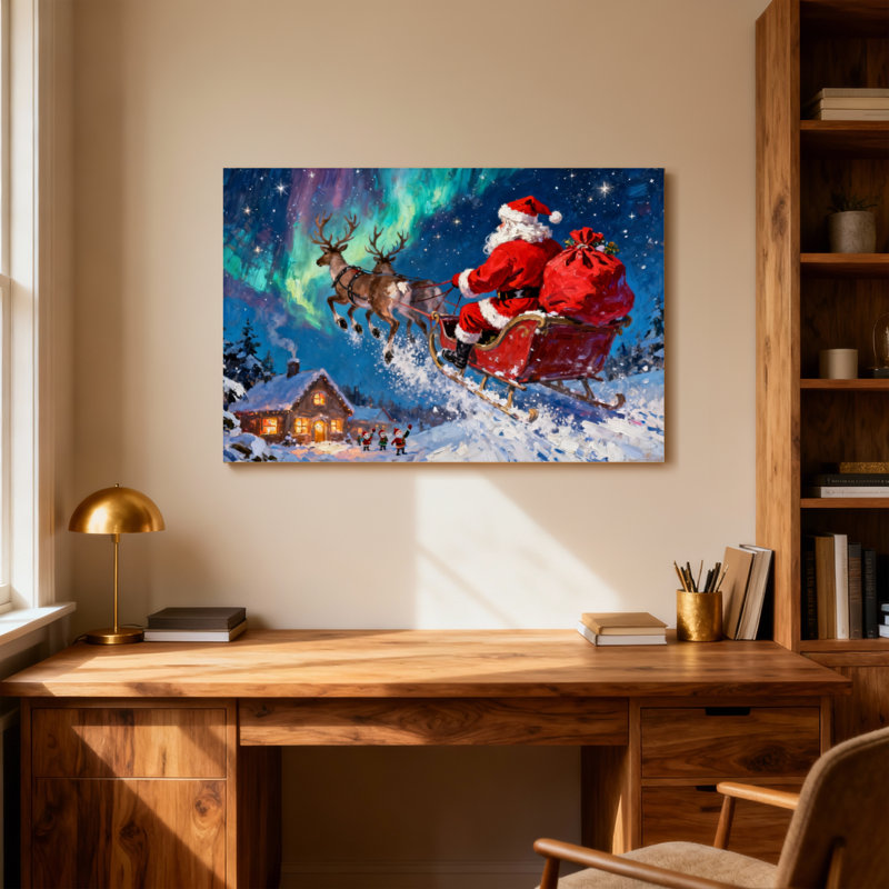 Noël, père Noël, traîneau, renne, aurore, maison, H 12 po x l 18 po