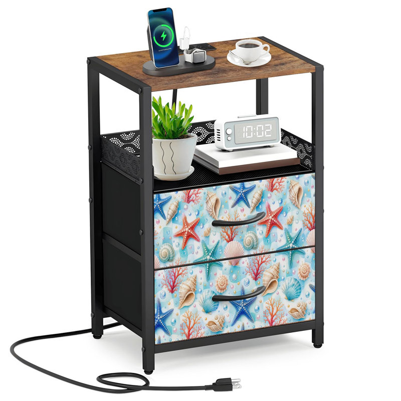 Table de chevet 2 tiroirs en tissu avec station de charge Nautical Starfish Seashells