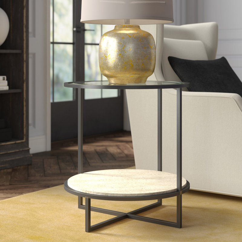 Harlow Glass Top Cross Legs End Table with Storage