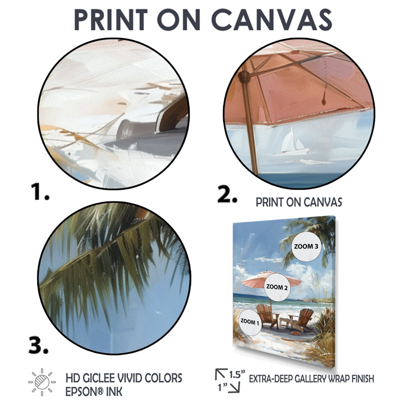 «Pink Beach Chairs In Tropical Scenery I», reproduction d'art mural plage, H 20 po x l 12 po x P 1 po