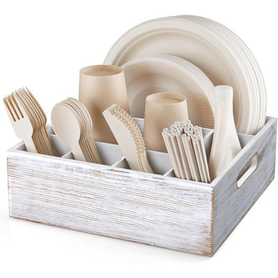 Rustic White Plate & Utensil Caddy - 6 Compartments, Built-In Handles for Parties/BBQs/Picnics