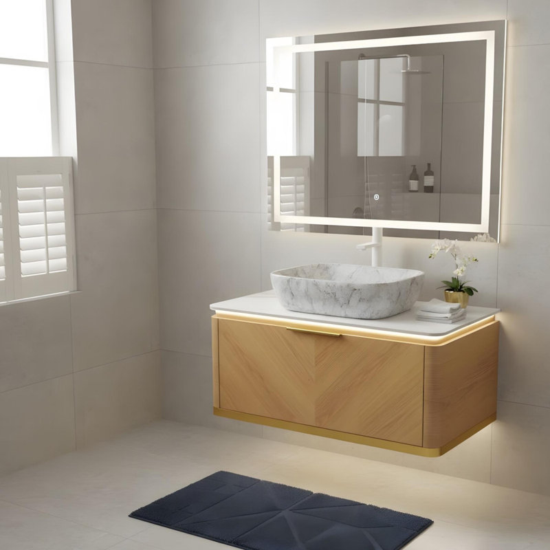 Meuble-lavabo de 36 po avec lavabo, avec tiroirs avec poignées et éclairage activé par le mouvement., Chêne, 36"