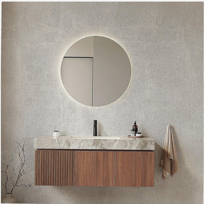 Lavabo de salle de bain 48 po avec armoire de rangement murale en bois massif, avec tiroirs et portes, comptoir en calcaire gris clair et bol en céramique, pré-assemblé, grain de bois café