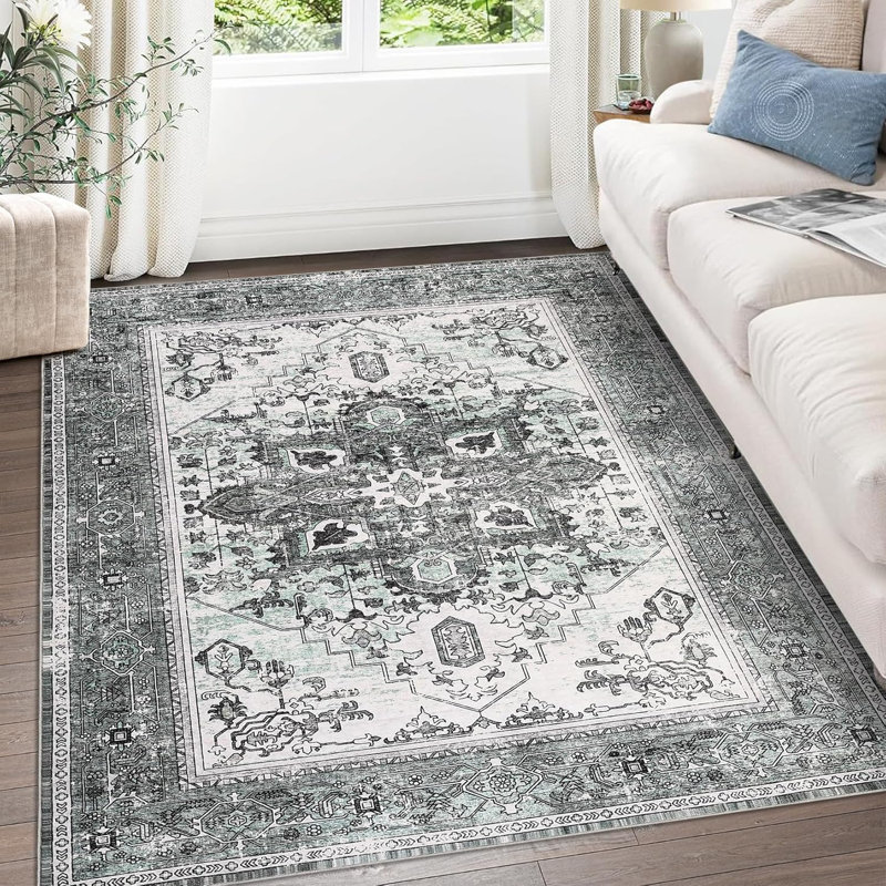 6X9 Washable Area Rug with Non-Slip Backing, Low-Pile Vintage Large Rug for Living Room Dining Room Bedroom, Low-Profile Indoor Carpet in Grey