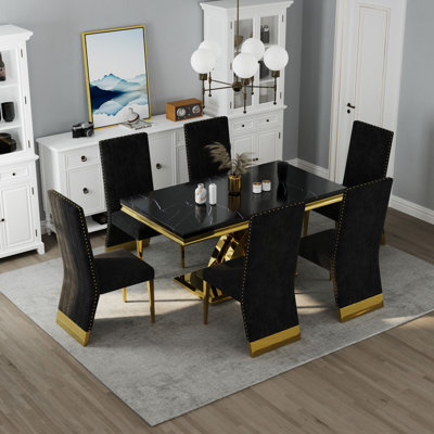 Ensemble de table de salle à manger 7 pièces en marbre noir et doré de luxe avec 6 chaises en velours noir
