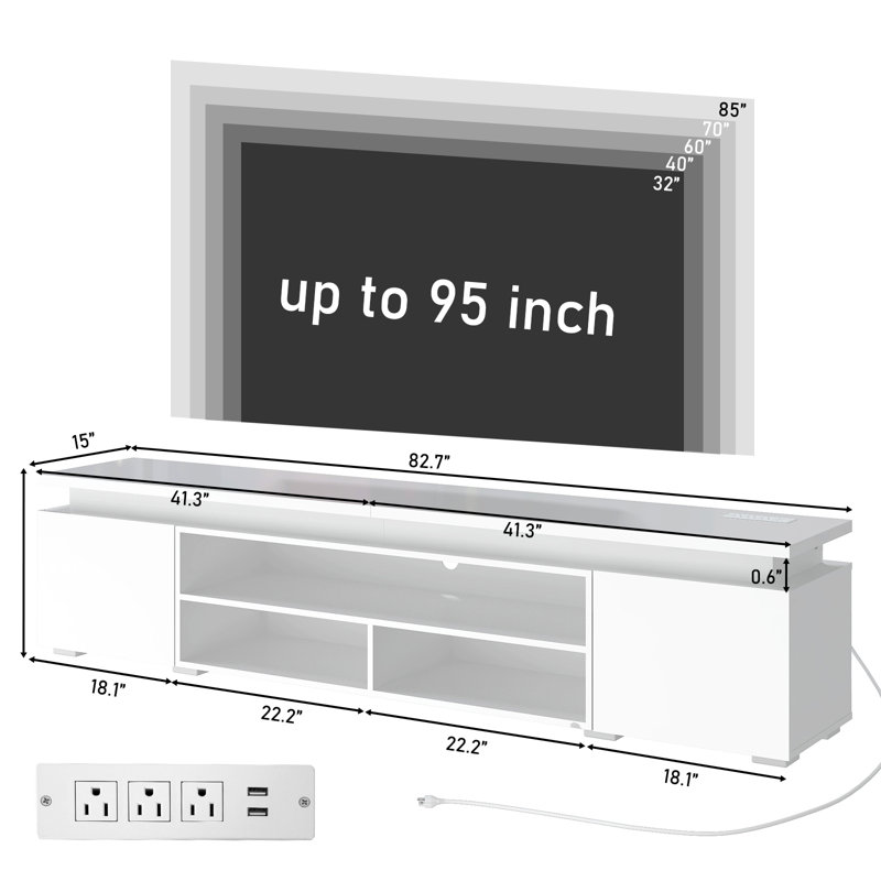 Meuble télé 83 po pour téléviseur de 95 po ou moins avec prises de courant, ports USB et bandes lumineuses à DEL de 83 po