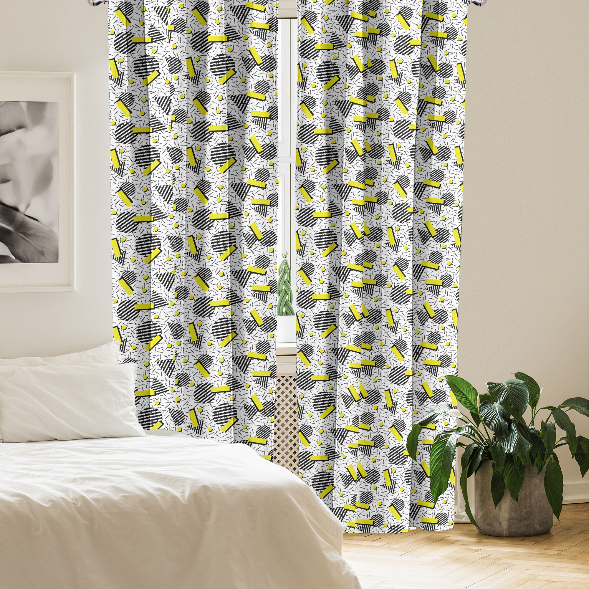 Latitude Run Geometric 4-Panel Curtains, Zigzag Chevron Circle, Yellow Black White Latitude Run Size per Panel: 56\, image size:2000x2000