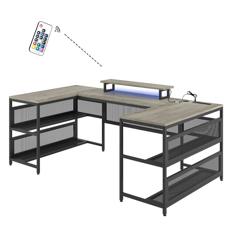 Bureau en forme de U avec prises de courant et support à bande et moniteur à DEL, bureau en forme de L avec tablette de rangement, bureau de jeu pour bureau personnel