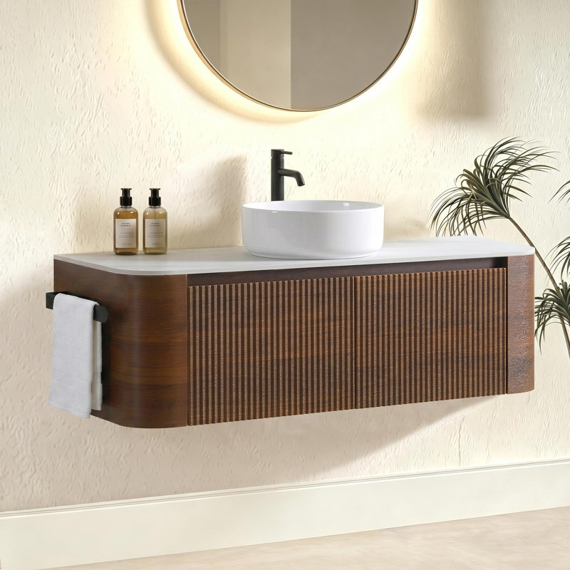 Meuble-lavabo de salle de bain moderne et incurvé, Walnut, 48, Black