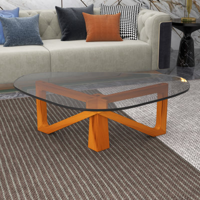 Issie Triangular Coffee Table – Tempered Glass Top with Stained Rubberwood Cross Base, Modern Living Room Accent Table with Anti-Slip Pads Centerpiece