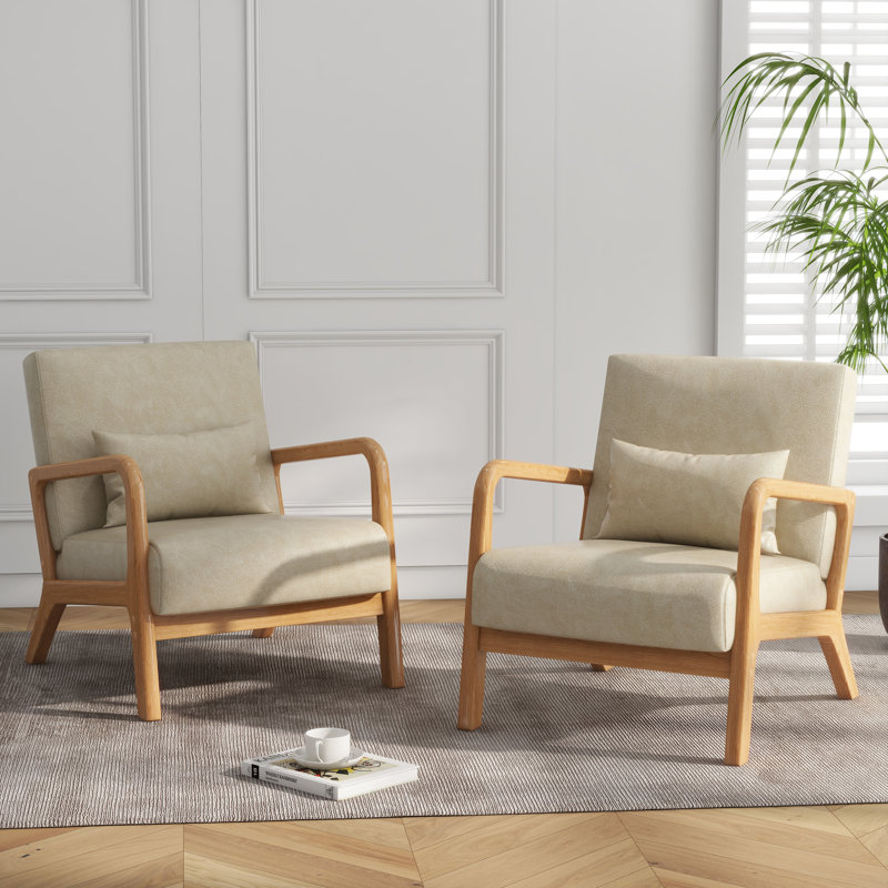 Fauteuil de 25,78 po de large Jyrin, Similicuir crème, Bois d'hévéa
