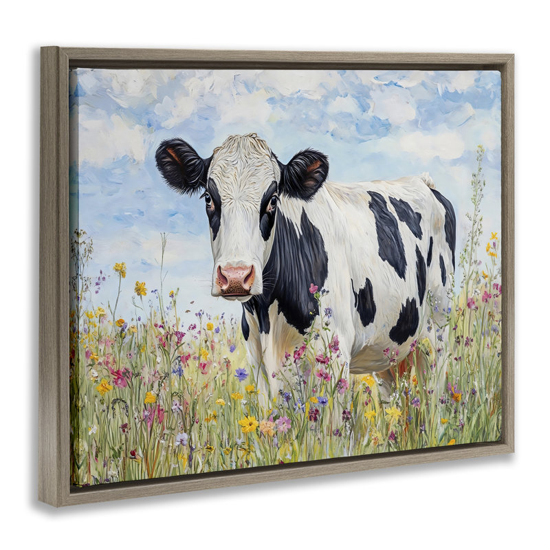 «Holstein Cow in Meadow Floater», art mural par Franklyn Gregory, H 25 po x l 31 po, Cadre flottant orme Montalcino