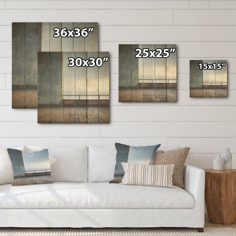 Monochrome Black And White Pier Horizon I - Coastal Pier Wood Wall Art On Natural Pine Wood, 15" H x 15" W