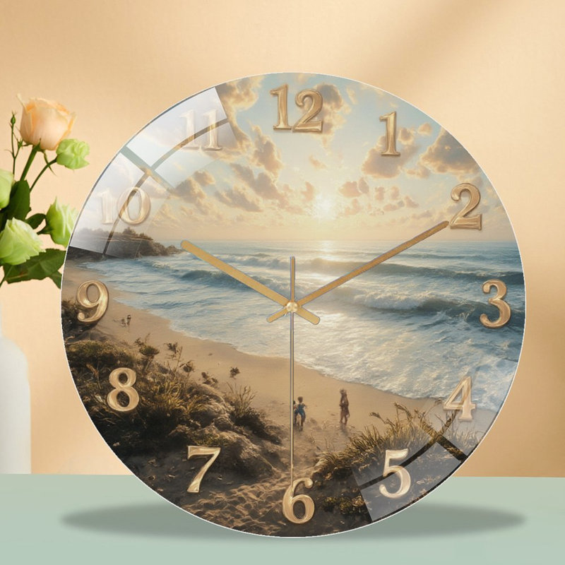 Horloge chiffres sur la plage avec coucher de soleil art du ciel - horloge murale moderne en verre 12 po