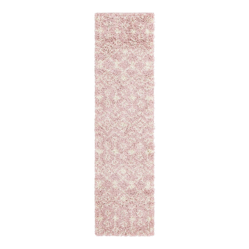 Tapis rose clair en polypropylène tissé à la machine à motif géométrique Griego, Tapis de couloir 2 pi x 8 pi