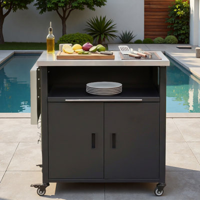 Outdoor Kitchen Island Grill Cart With Trash Rack, Foldable Top, Expandable Lron Panel And Storage Space