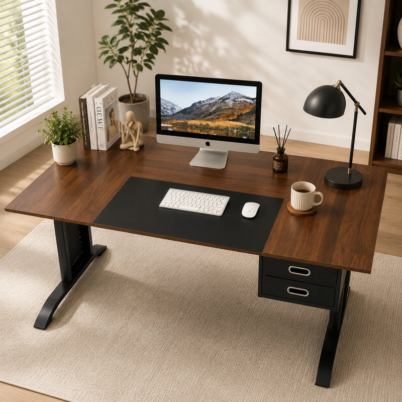 Bureau d'ordinateur / de jeu / de bureau de 63,12 pouces avec un cadre en métal noir robuste et deux tiroirs de rangement; convient aux bureaux à domicile et aux salles d'étude.