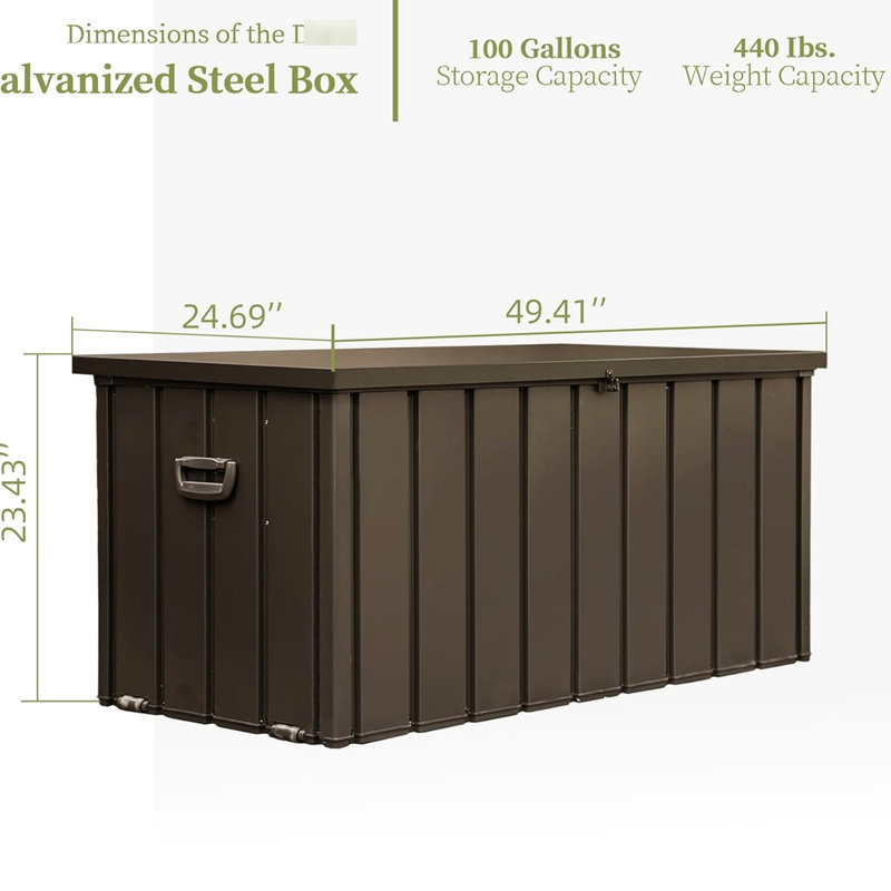 Coffre de rangement extérieur verrouillable pour terrasse - 100 gallons (378 litres), étanche, brun foncé, idéal pour les serviettes et les oreillers de piscine. Outils de patio inclus.