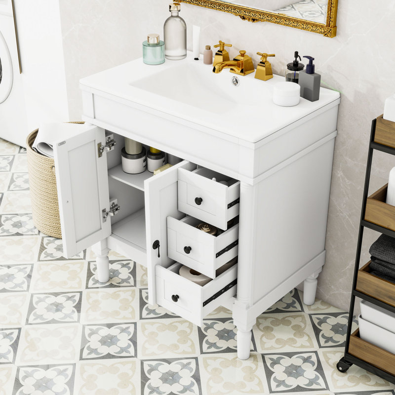Meuble-lavabo de 30 pouces avec tablette en U, 3 tiroirs et 2 portes, Blanc