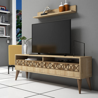 Modern Oak TV Unit with Wall Shelf, 59.1 x 19.7 x 11.8 inches | 100% Melamine Coated Particle Board, Thickness: 0.7 inches | Multiple Shelves, Wall-Mountable Design, Perfect for Stylish Living Rooms & Entertainment Spaces