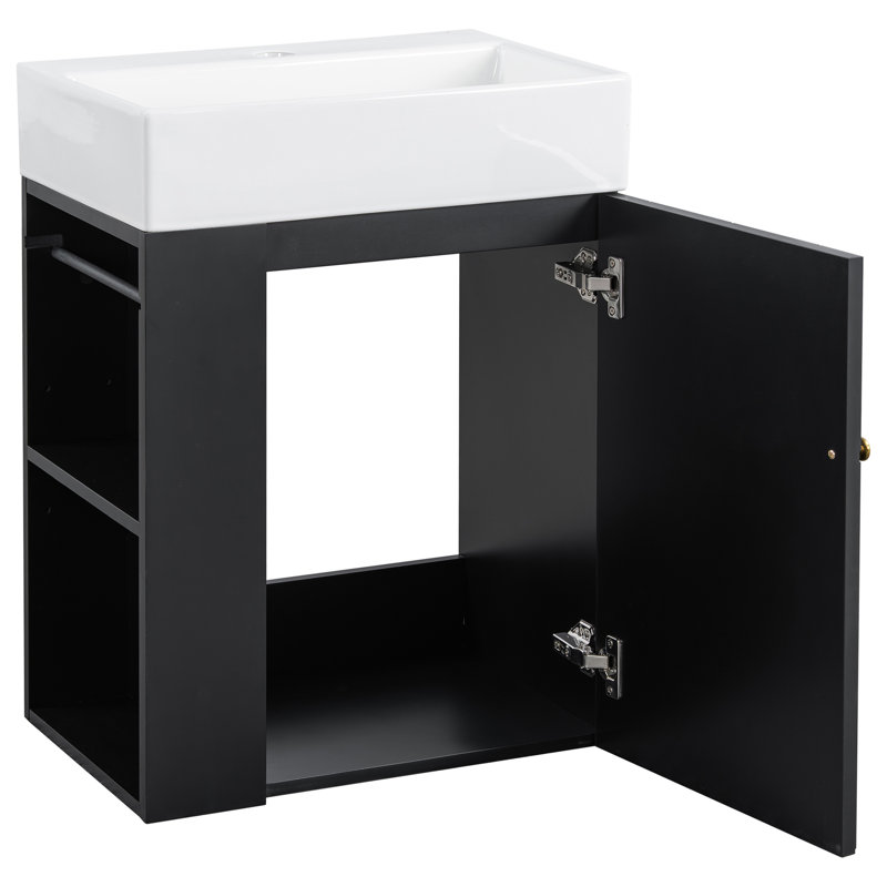 Meuble-lavabo de 20 po avec lavabo en céramique, porte à motif de losanges, poignées dorées et tablettes de rangement latérales - petit cabinet moderne avec barre à serviettes, fabrication en panneau de fibres à densité moyenne, assemblage requis