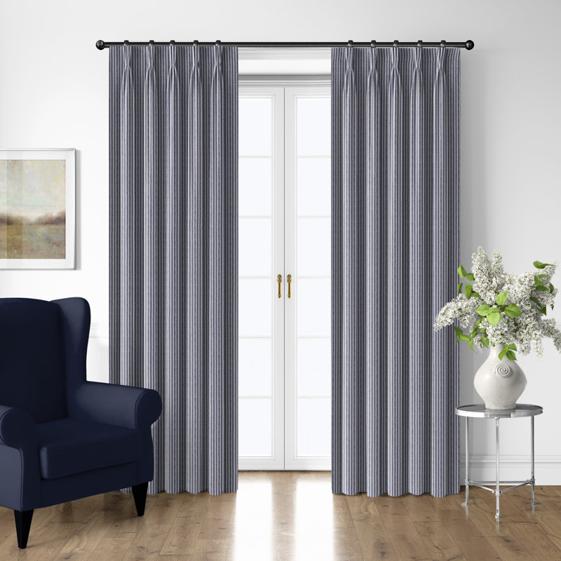 Walker Ticking Stripe Indigo/Ivory Cotton Pinch Pleat Drapery Panel Set of 2, Indigo/Ivory, 20" W  x 108" L