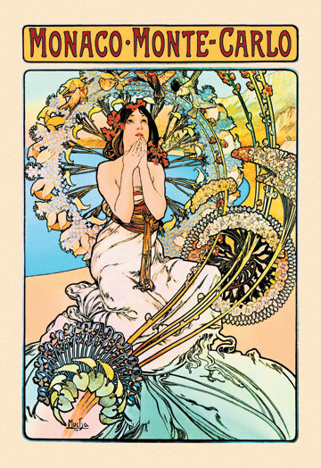 « monaco-monte carlo » par alphonse mucha, affiche rétro sur toile tendue, H 30 po x l 20 po x P 0,5 po