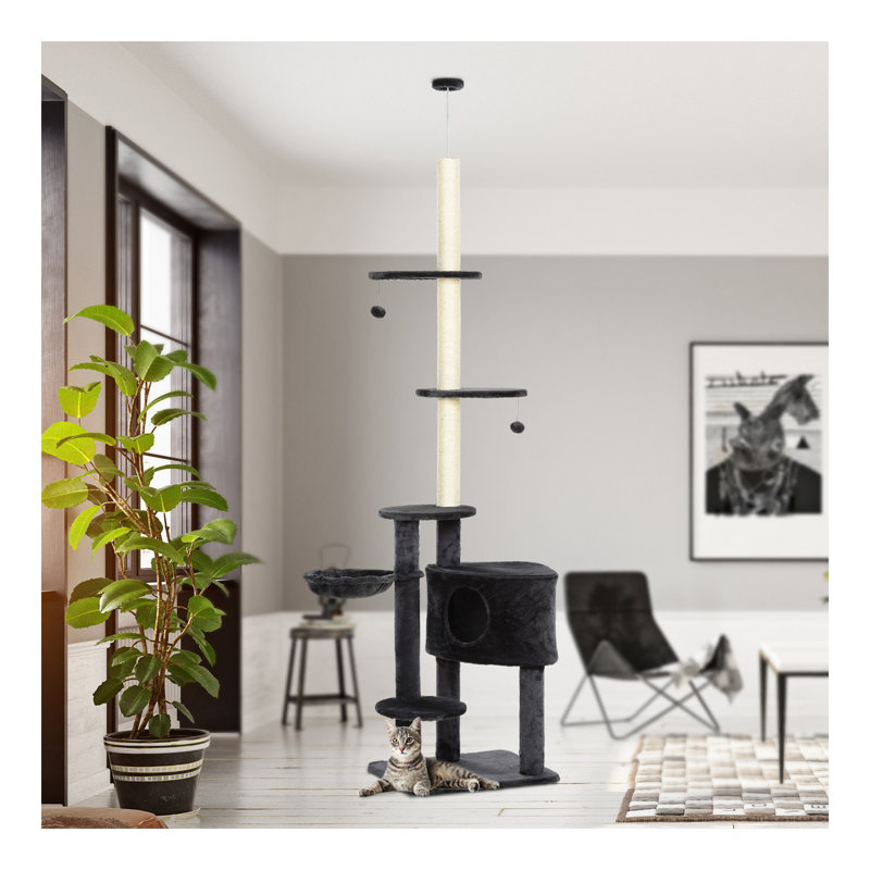 Arbre à chat à hauteur réglable du sol au plafond avec plateformes à tapis, zones à gratter pour condos et cordes, gris foncé