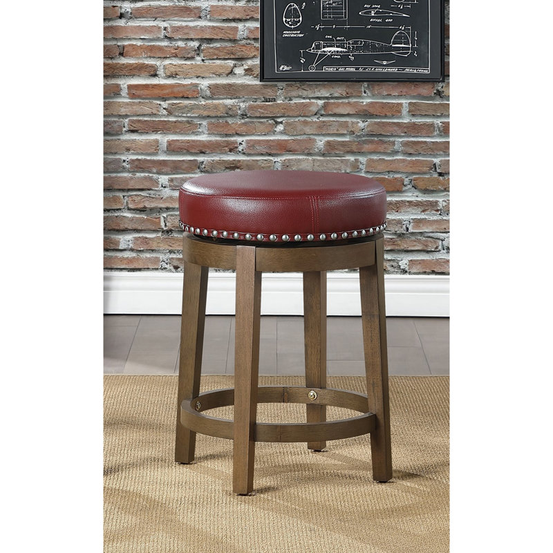 De 2 tabourets à hauteur de comptoir, siège pivotant en similicuir rouge à 360 ° avec garniture cloutée, structure en bois massif brun pour la salle à manger