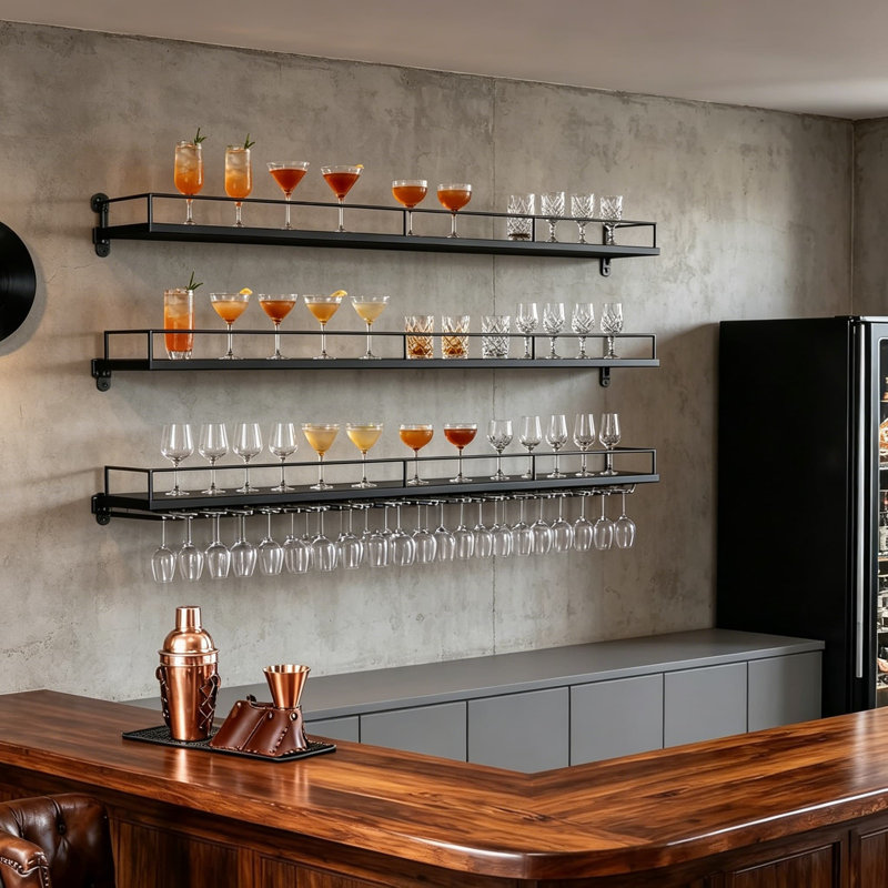Support à vin mural avec lumières DEL - tablettes flottantes à 3 niveaux avec support en verre pour présentation de grandes bouteilles, décoration de bar pour la maison
