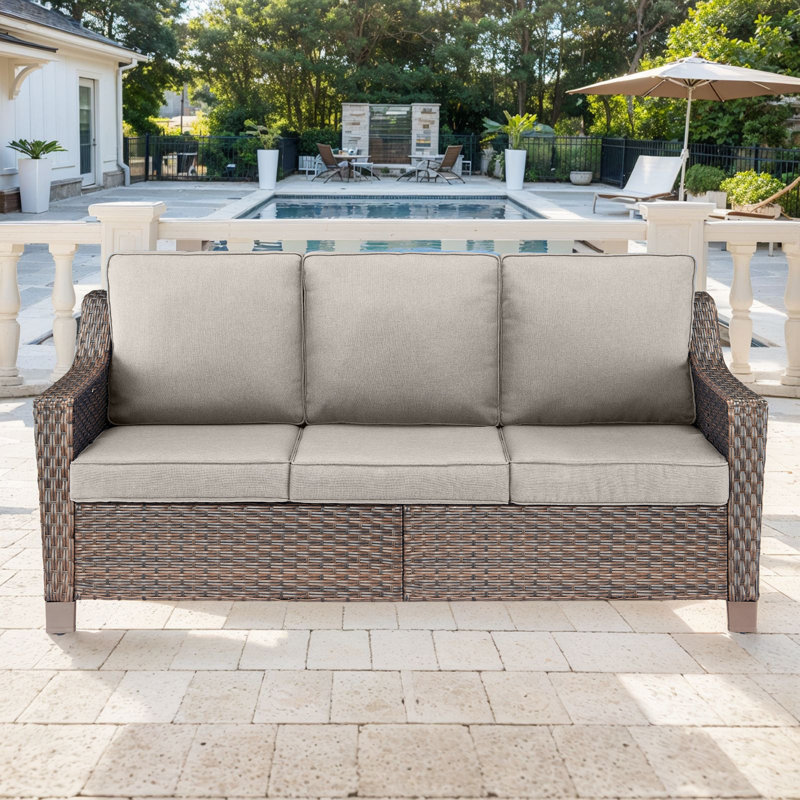 Canapé d'extérieur en osier 3 places avec coussins confortables Jenesys, Beige