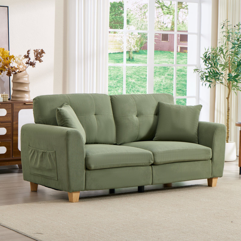 2-Seater Corduroy Sofa with 2 Throw Pillows, Deep-Seated Upholstered Couch with Square Arms, Green