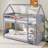 Twin Over Twin House Bunk Bed, Rubberwood Floor Bunk Bed Frame With Ladder & Guardrails & Headboards & Footboards, Low Bunk Bed