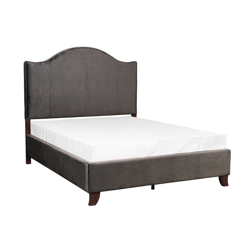 Lit double avec revêtement en velours gris, structure en bois massif, tête de lit et garniture cloutée, sommier tapissier nécessaire pour l'installation, lit tapissier, attrait traditionnel moderne et essentiel