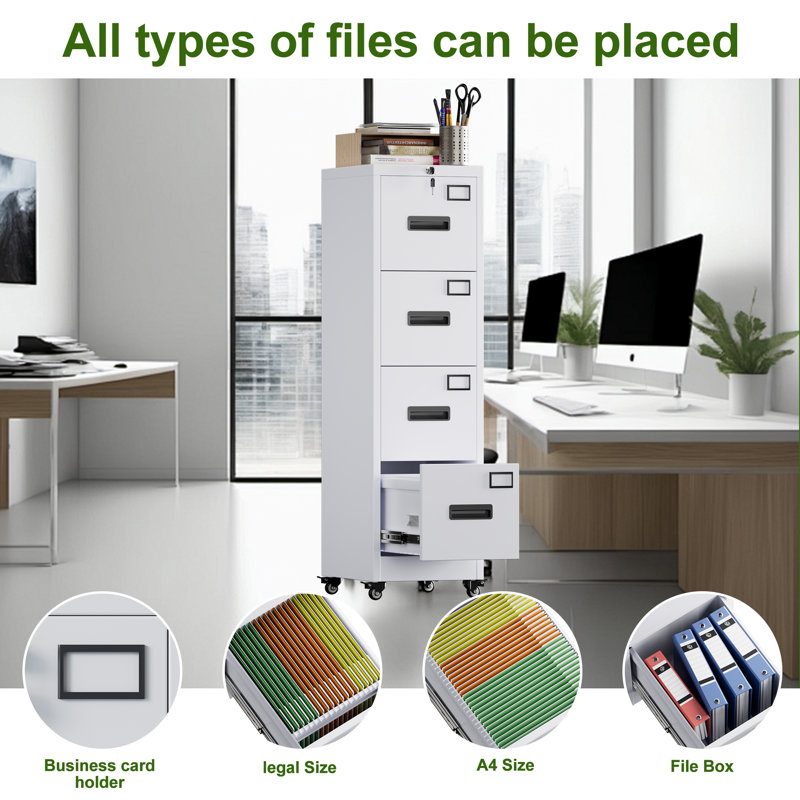 Metal File Storage Cabinet With 4 Drawer And Lock,office Home File Cabinet With Name Card Holder For A4 Letter/legal Size, 14.96" W X 17.72" D X 54.13" H, Assembly Required