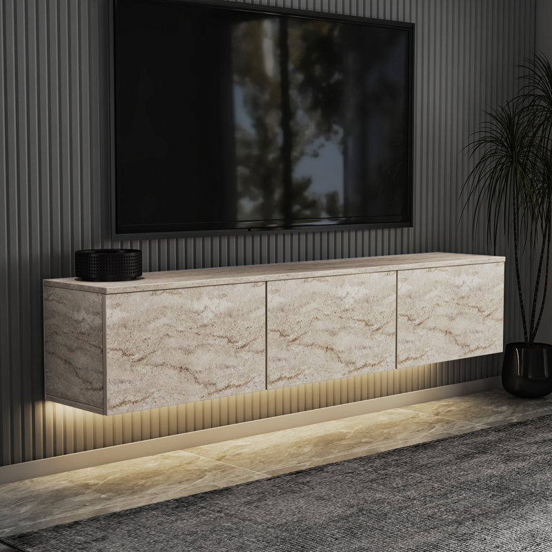 Modern TV Stand with Push to Open Doors, Travertine Color, 63.0 x 13.8 x 27.6 inches | 100% Melamine Coated Particle Board, Thickness: 0.7 inches | Wall-Mountable Design with Numerous Shelves | Stylish & Functional for Living Room & Entertainment Spaces