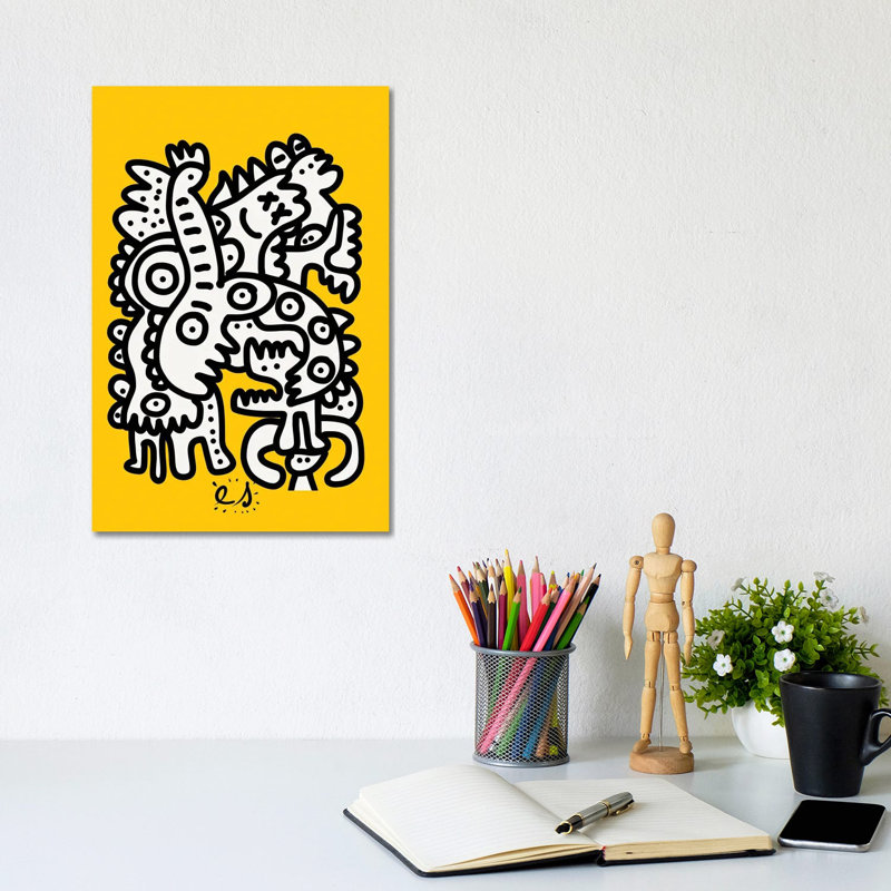 Black And White Graffiti Creatures On Yellow by Emmanuel Signorino - No Frame Print on Plastic / Acrylic