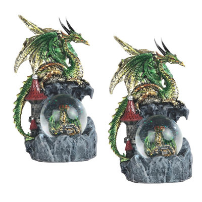 «2-PC Set» ICE ARMOUR H 8 po dragon vert sur le château avec globe de neige, sculpture, ornement, décoration de la maison / chambre et idées de cadeaux uniques pour la pendaison de crémaillère, les fêtes et les anniversaires